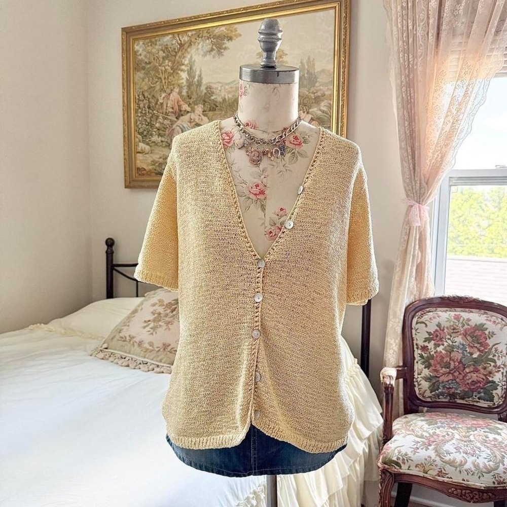 Yellow cardigan‎ sweater   90s Pursuits butter yellow knit cardigan size medium